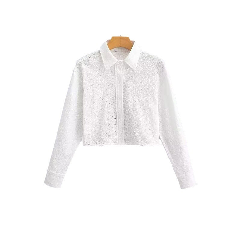 Women's Short-Cut Eyelet Embroidery Blouse with Shirt Collar and Long Ties Mune Fashion