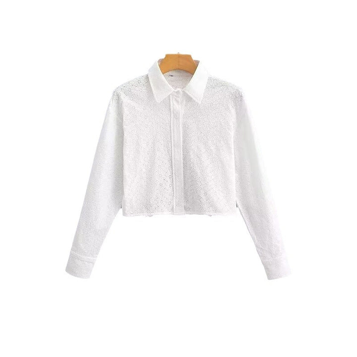 Women's Short-Cut Eyelet Embroidery Blouse with Shirt Collar and Long Ties Mune Fashion