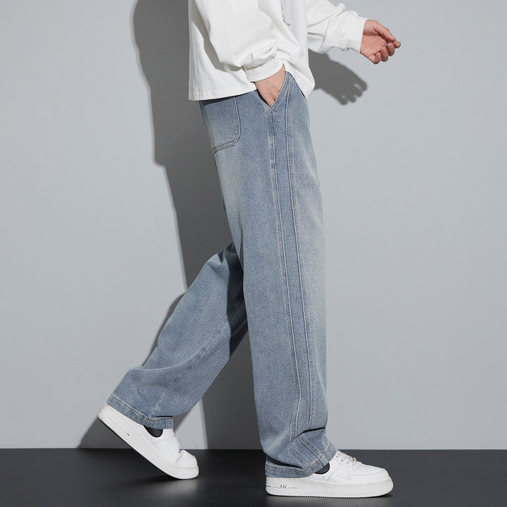 Men's Wide Denim Jogging Pants with Woven Drawstring and Herringbone Texture Mune Fashion