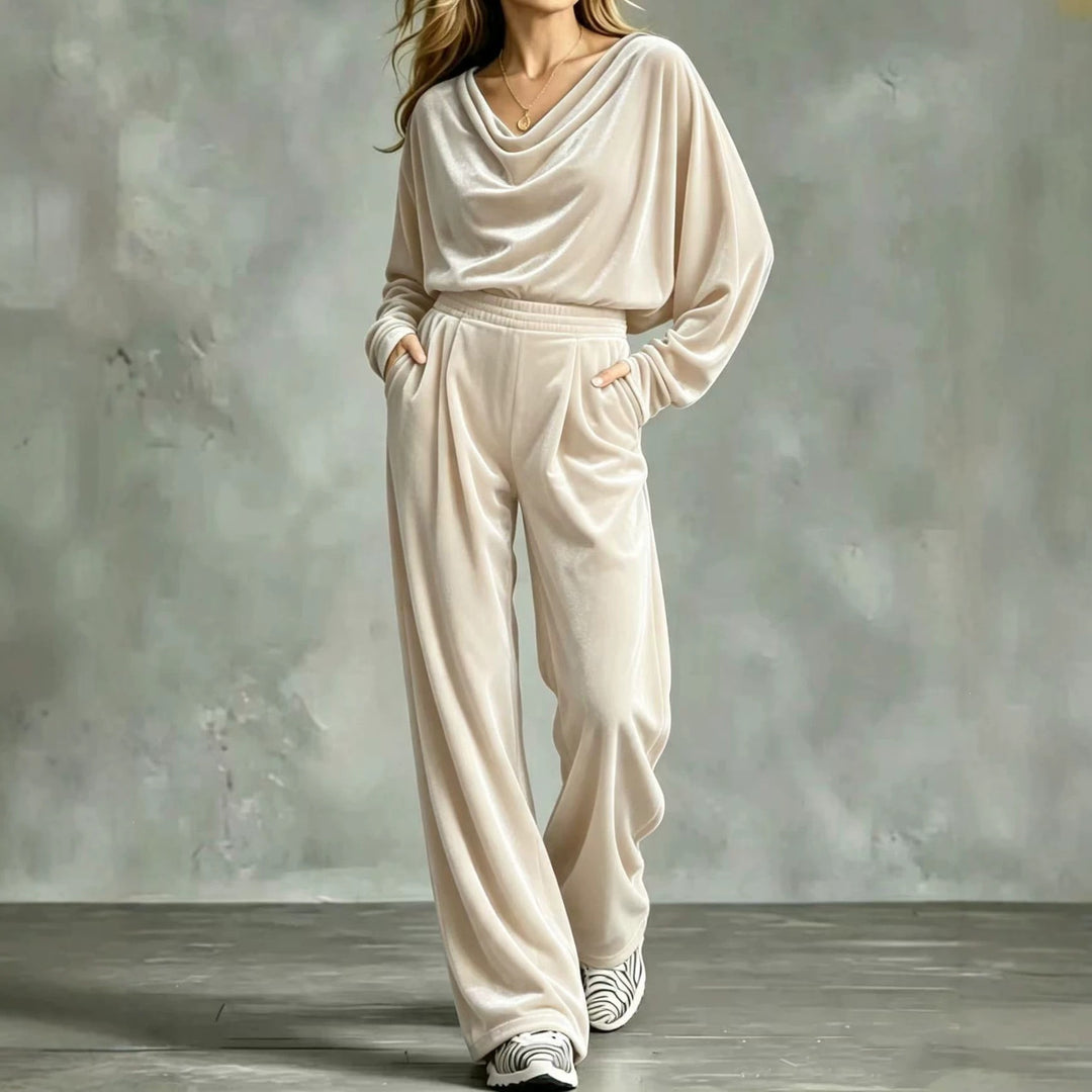 Women's Velvet Loungewear Set with Waterfall Collar, Wide Palazzo Cut and Insert Pockets Mune Fashion