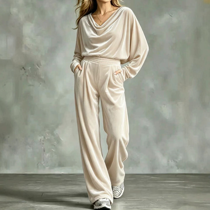 Women's Velvet Loungewear Set with Waterfall Collar, Wide Palazzo Cut and Insert Pockets Mune Fashion