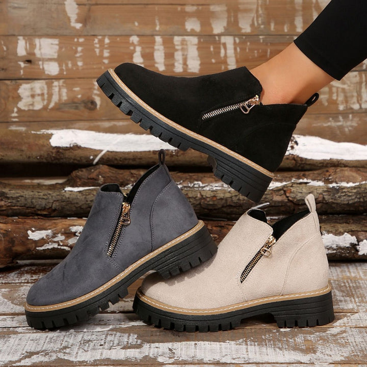 Women nan suede ankle boots with sturdy tread sole and side zipper Mune Fashion
