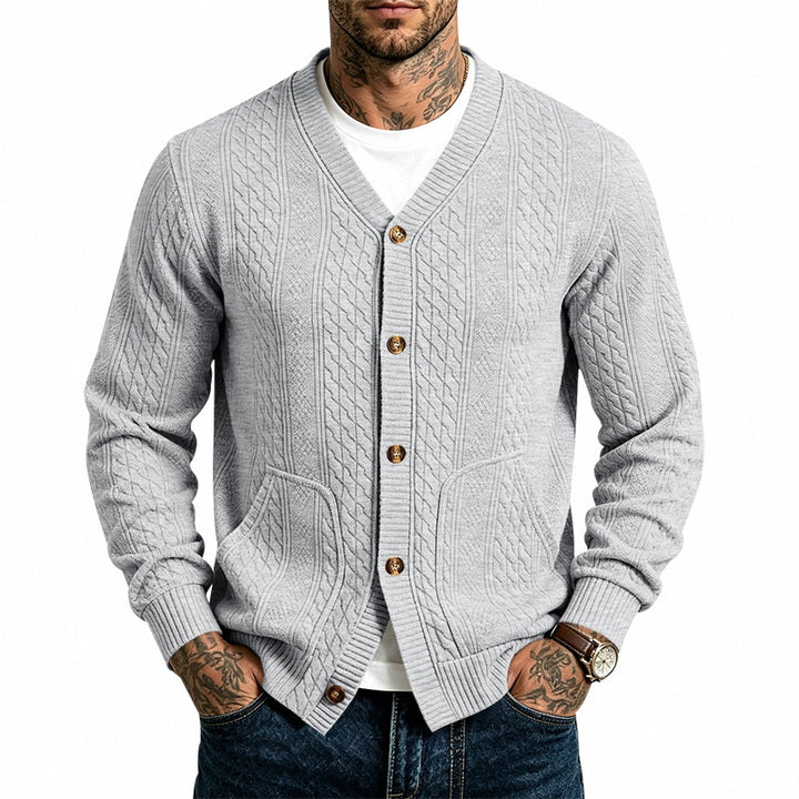 Men's structured knitted cardigan with cable pattern, V-neck and patch pockets Mune Fashion