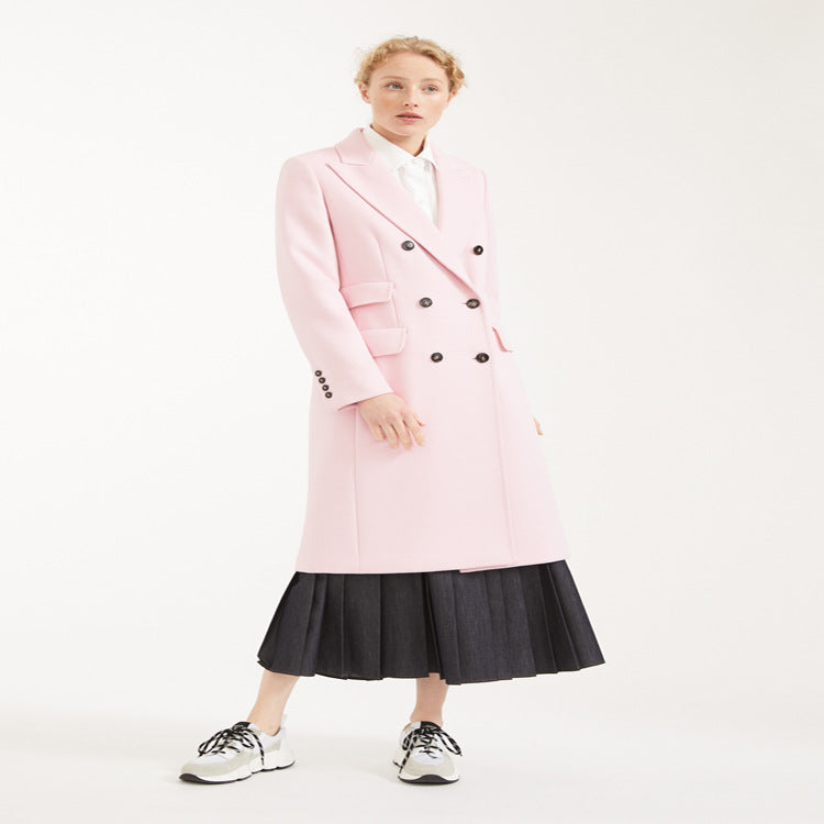 Women's Double-Breasted Midi-Length Wool Blend Coat with Emphasized Shoulder and Contrast Buttons Mune Fashion