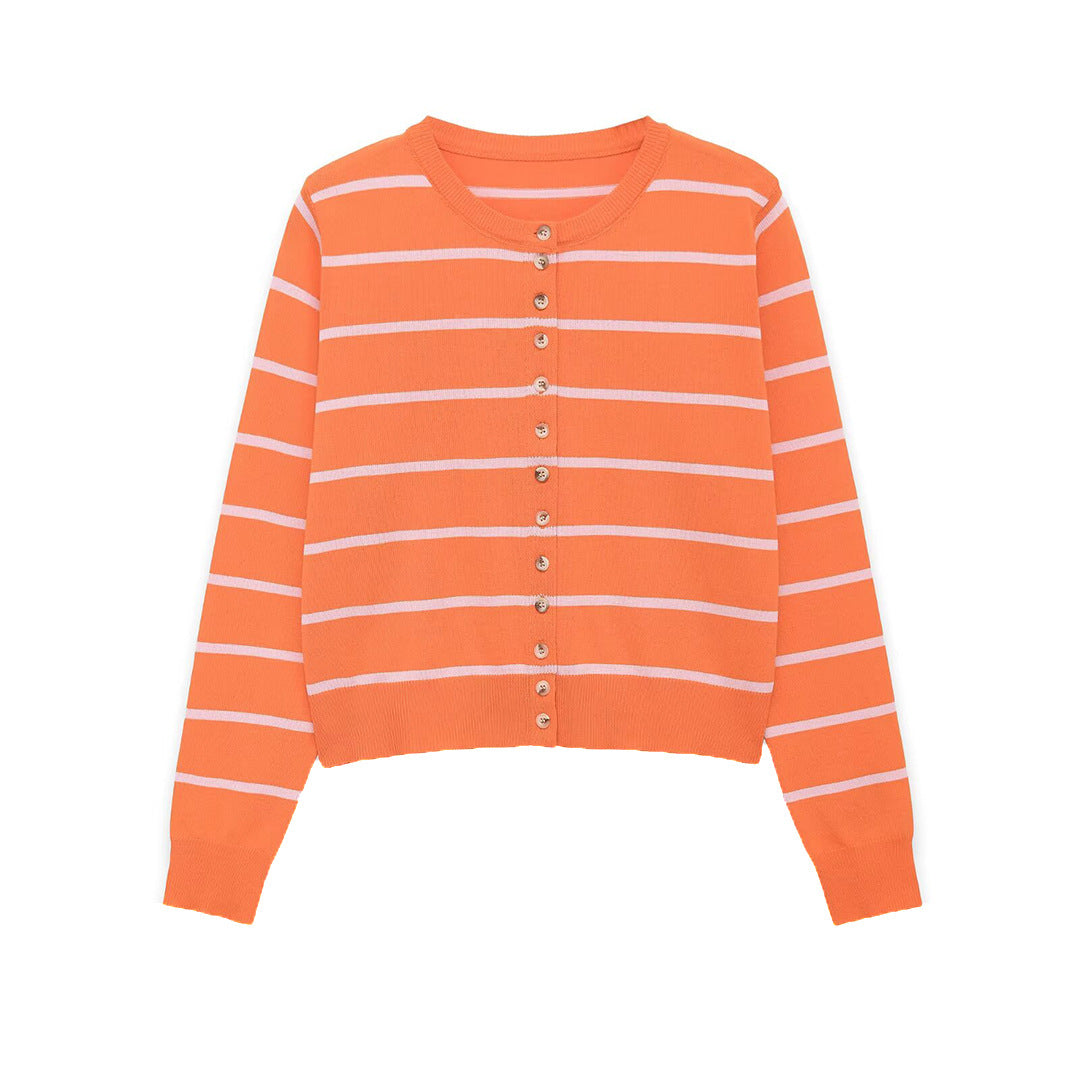Women's Short-Cut Fine Knit Cardigan with Horizontal Stripes and Mother-of-Pearl Buttons Mune Fashion