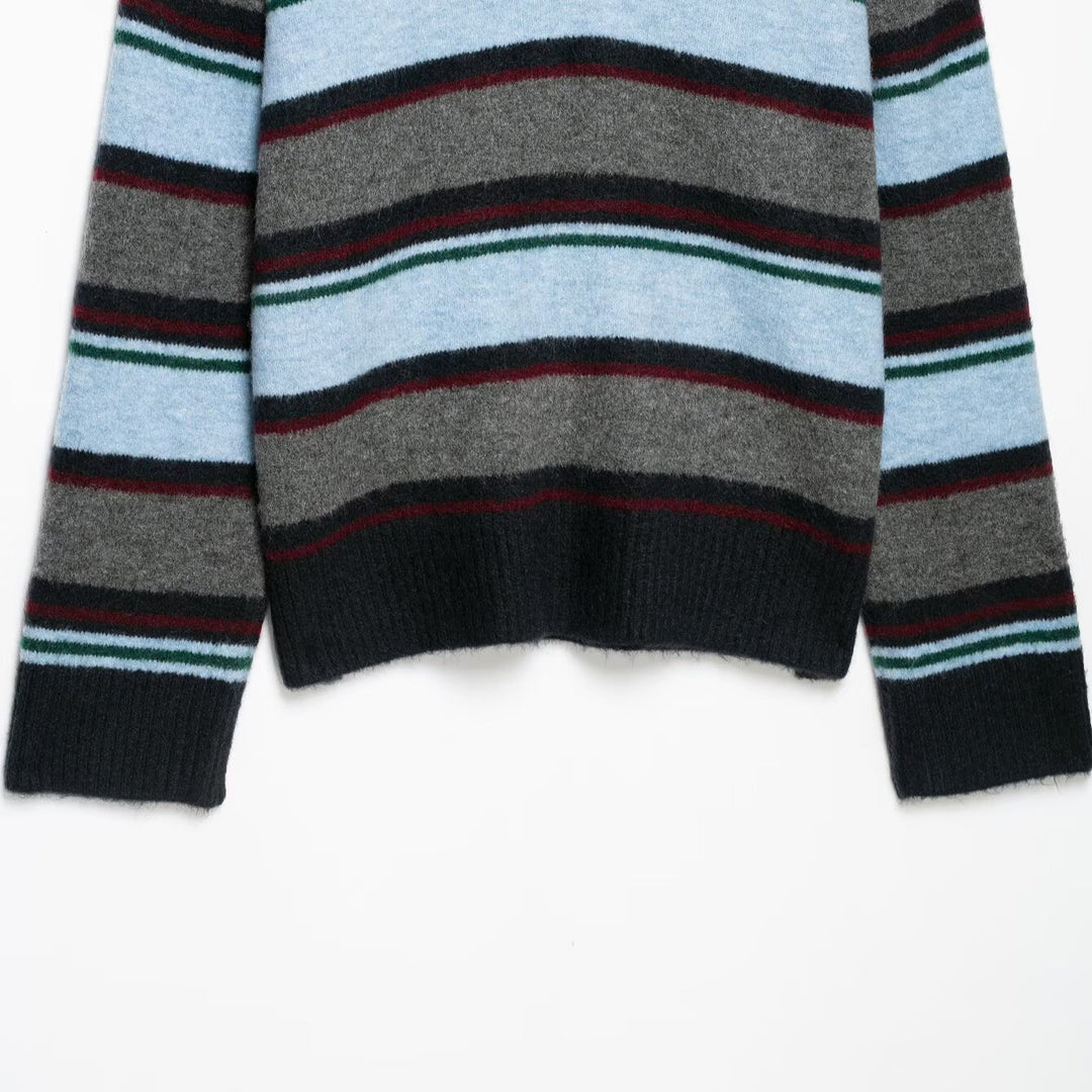 Women's Oversize Striped Sweater with Polo Collar and Deep V-Neck Mune Fashion