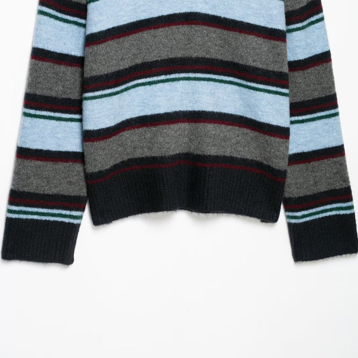 Women's Oversize Striped Sweater with Polo Collar and Deep V-Neck Mune Fashion