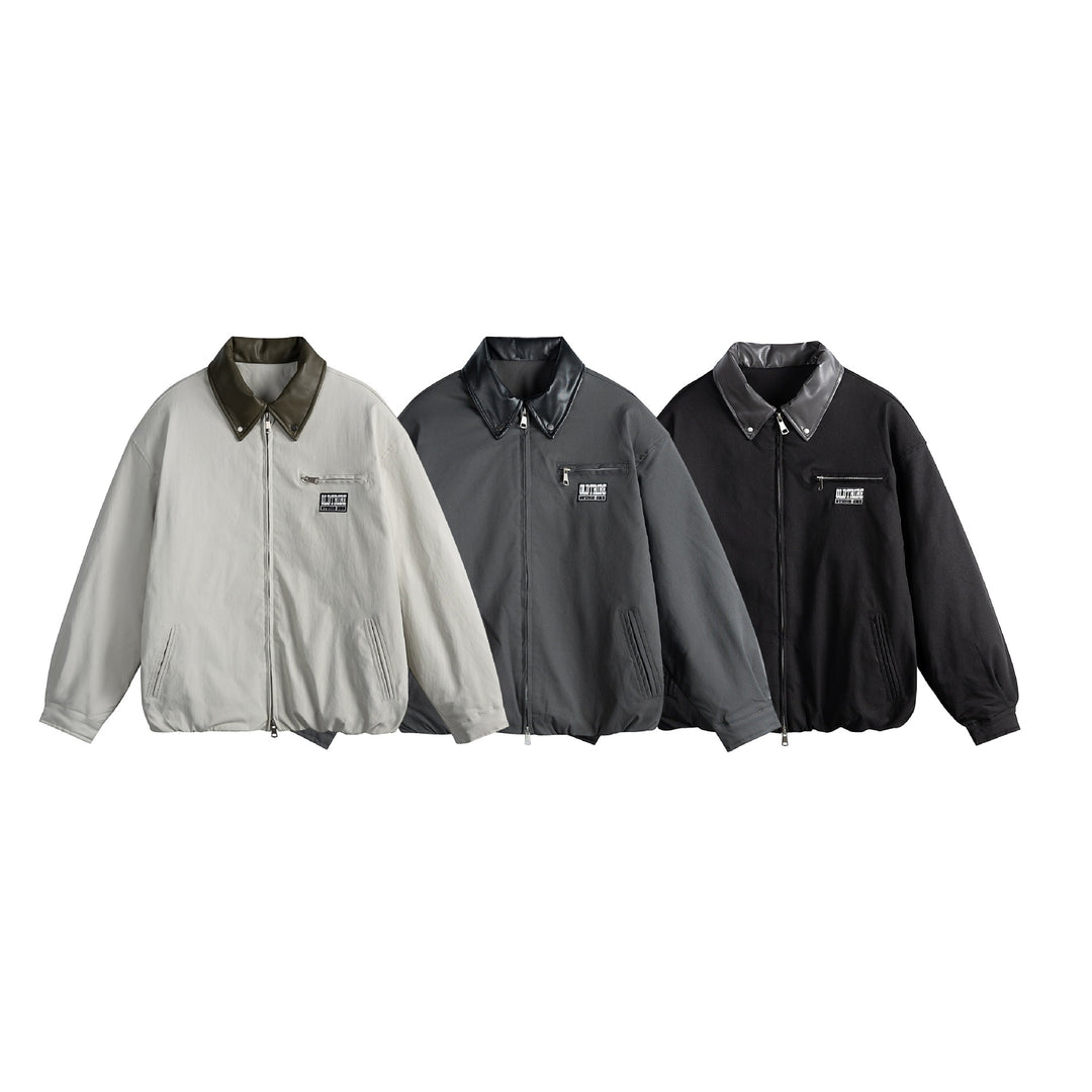 Unisex Oversized Blouson Jacket with Faux Leather Shawl Collar, Two-Way Zipper and Elastic Hem Mune Fashion