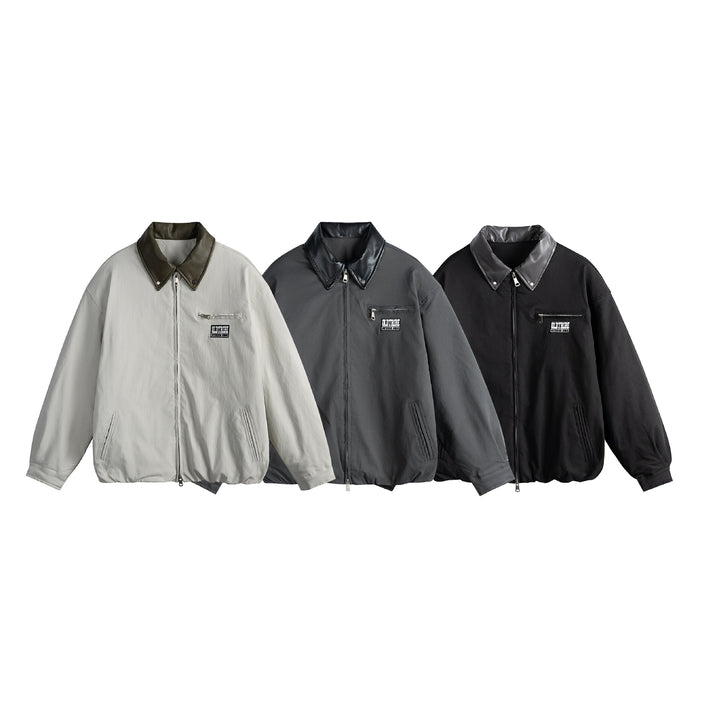 Unisex Oversized Blouson Jacket with Faux Leather Shawl Collar, Two-Way Zipper and Elastic Hem Mune Fashion