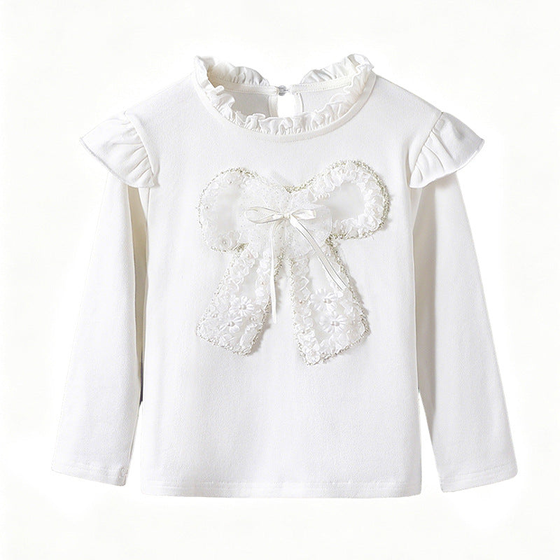 Girl Long Sleeve Shirt with Romantic Ruffle Design and Decorative Bow Motif Mune Fashion