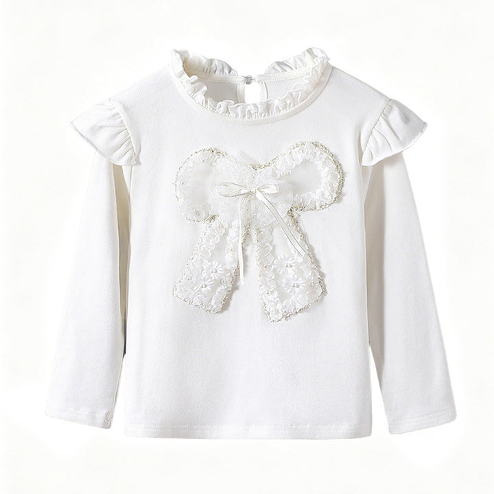 Girl Long Sleeve Shirt with Romantic Ruffle Design and Decorative Bow Motif Mune Fashion