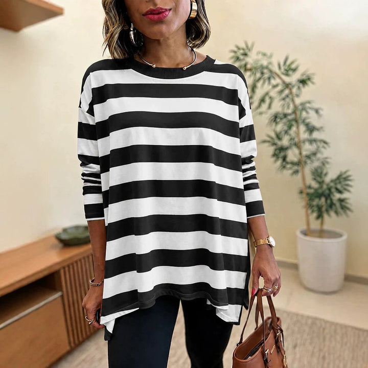 Women Oversized Striped Long Sleeve with Round Neckline and Rounded Hem Drune
