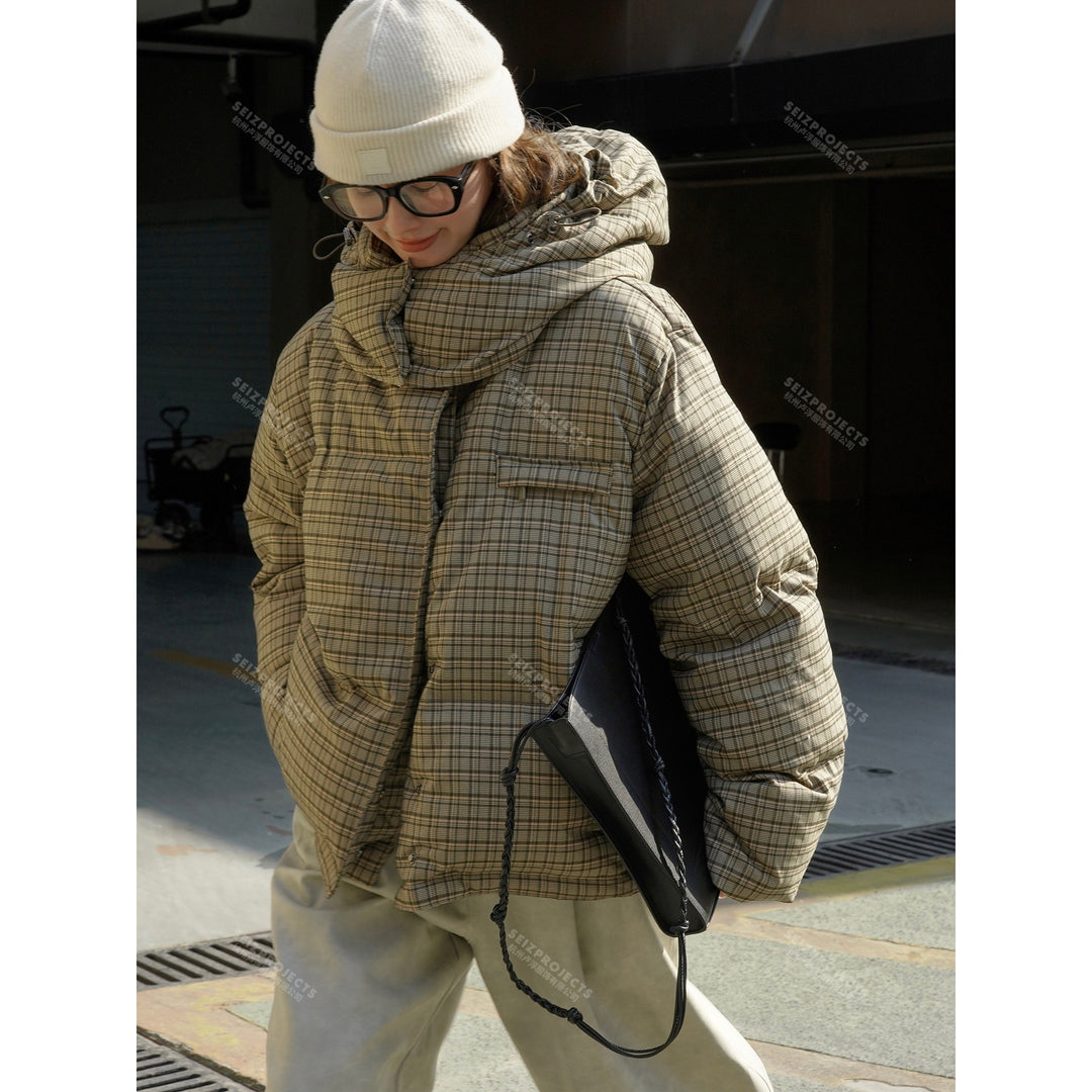 Women Short Cut Quilted Check Pattern Padded Jacket with Hood Mune Fashion
