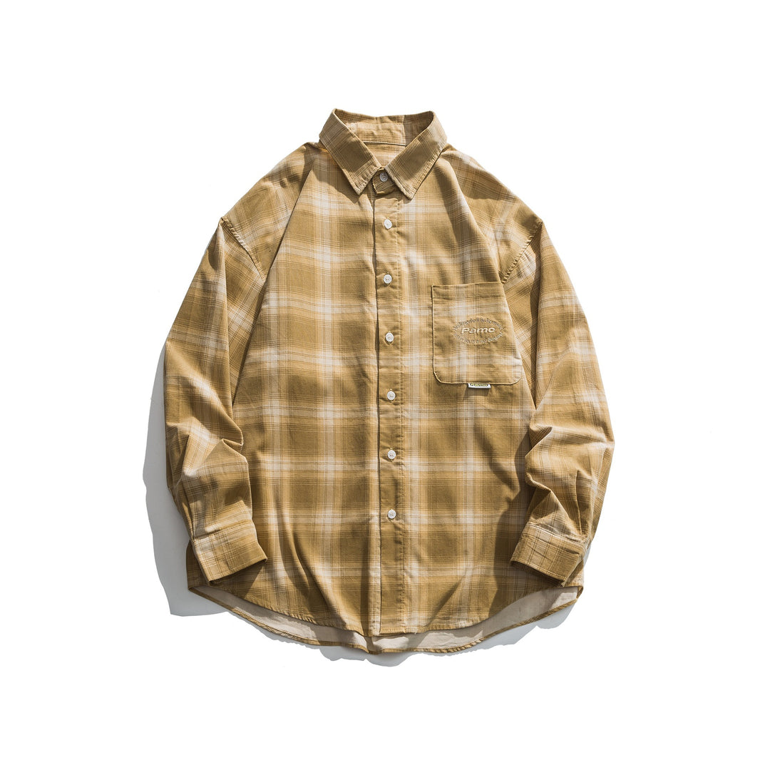 Men's oversized check shirt made of lightweight cotton blend with patch chest pocket and rounded hem Mune Fashion