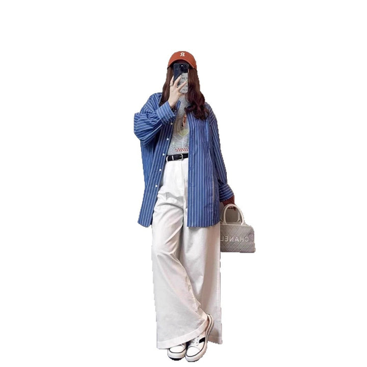 Women Oversized Striped Shirt with Extended Hem and Boxy Fit Mune Fashion