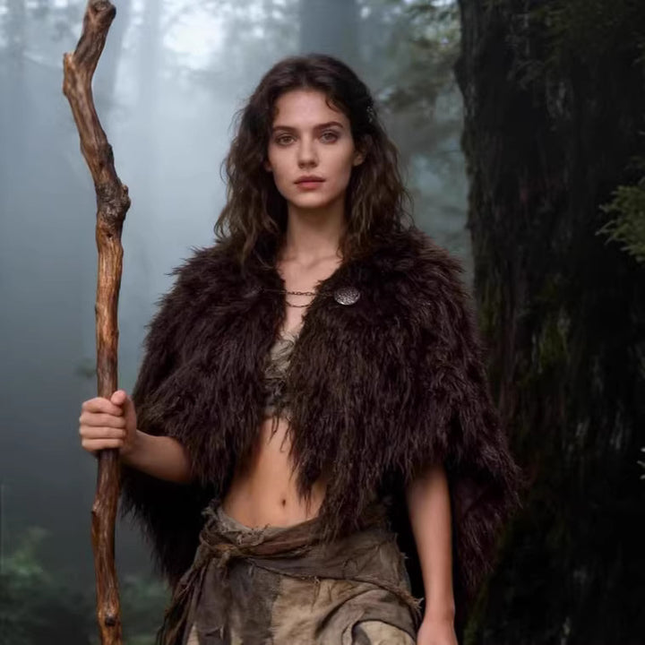 Ladies Viking-inspired Faux-Fur Cape with rustic fringe look and shoulder drape Mune Fashion