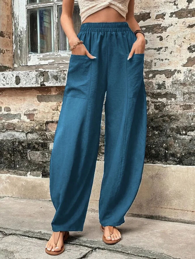 Women Wide Linen Trousers with Elastic Waistband, Patch Pockets and Casual Harem Cut Mune Fashion