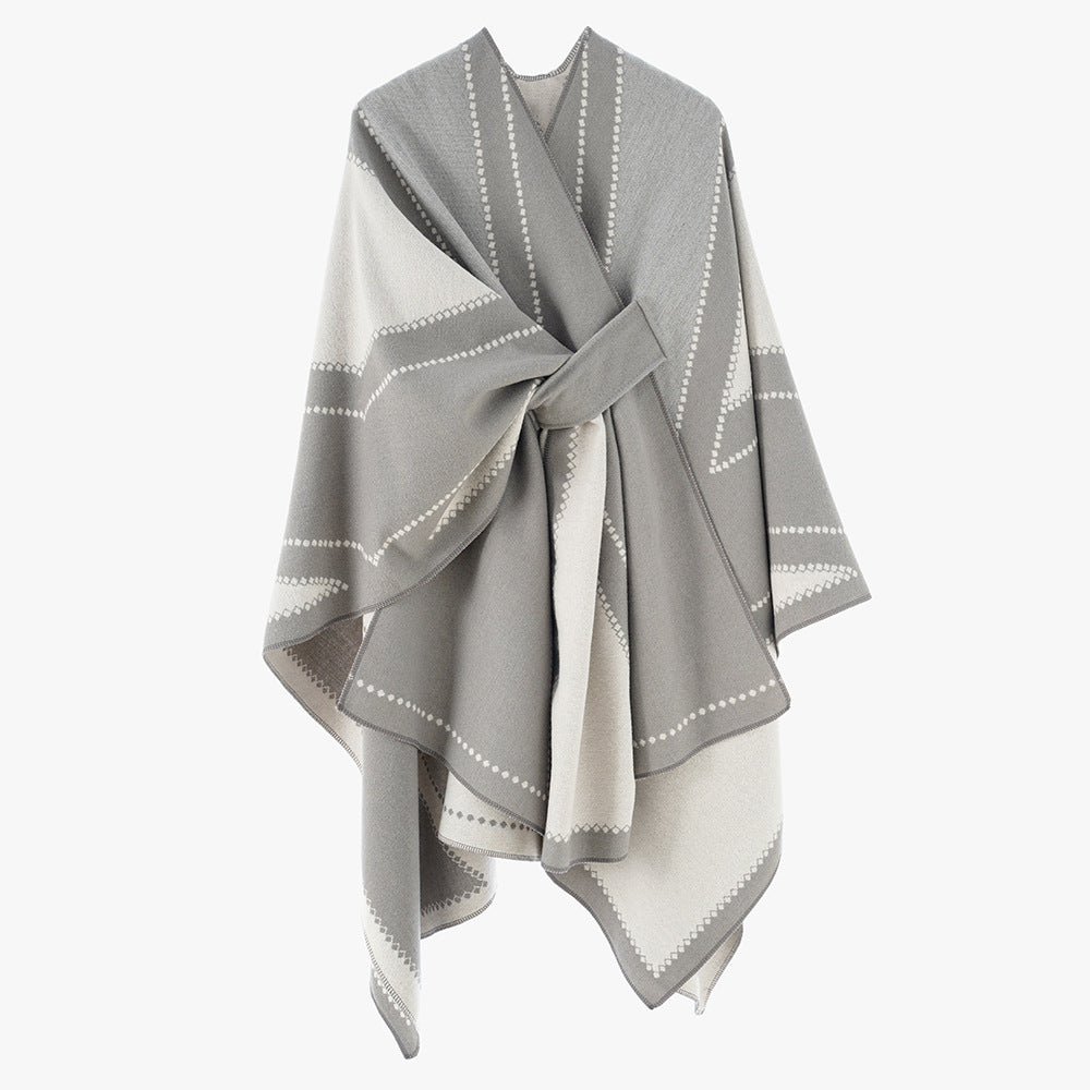 Women's Reversible Wool Blend Poncho with Graphic Jacquard Pattern and Waist Belt Mune Fashion
