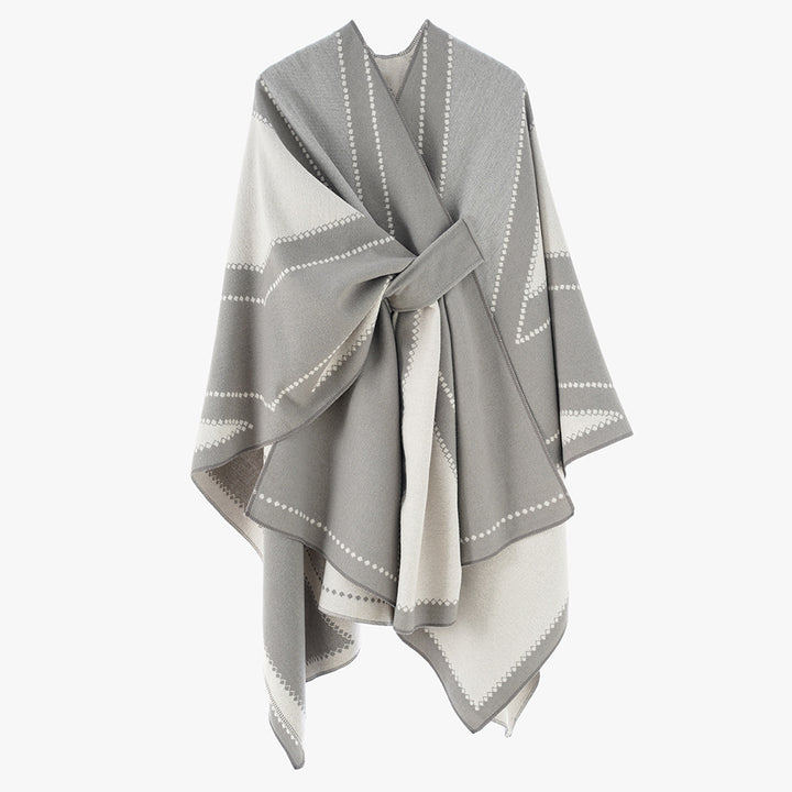 Women's Reversible Wool Blend Poncho with Graphic Jacquard Pattern and Waist Belt Mune Fashion