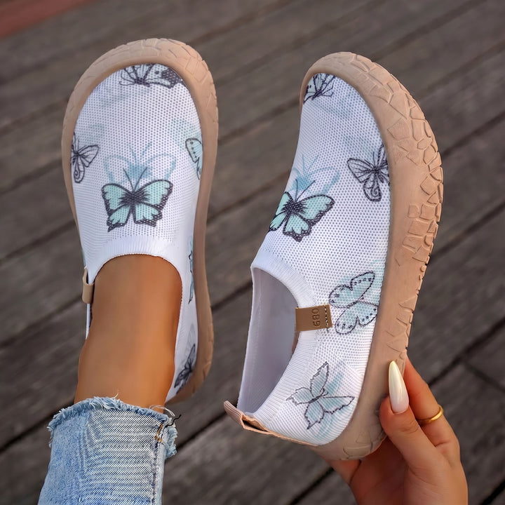 Women's breathable knit slippers with watercolor butterfly print and grippy outdoor sole Mune Fashion