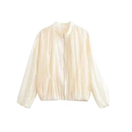 Women's Lightweight Transparent Satin Bomber Jacket with Stand Collar Mune Fashion