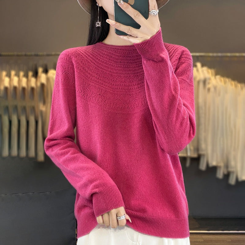 Ladies Soft Ajour-Yoke Round Neck Sweater in Cashmere-Look Fine Knit Mune Fashion