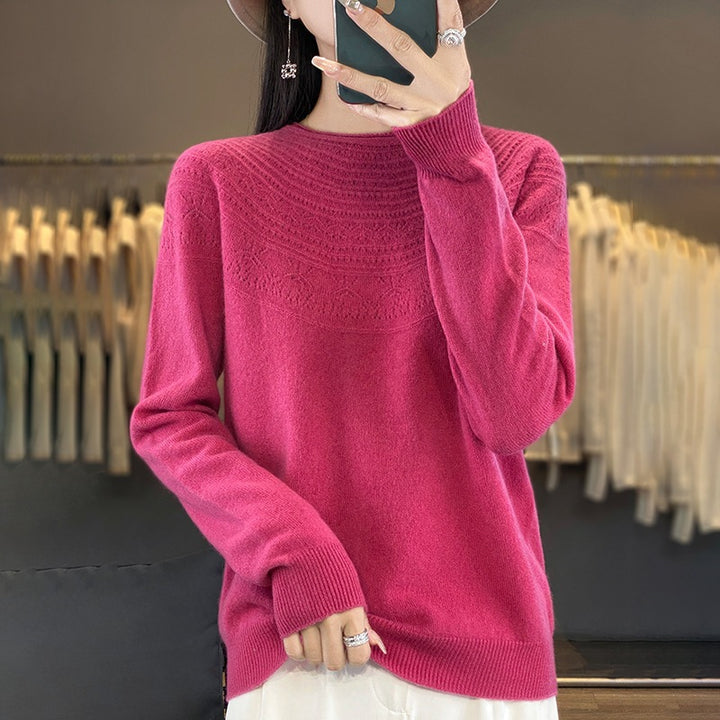 Ladies Soft Ajour-Yoke Round Neck Sweater in Cashmere-Look Fine Knit Mune Fashion
