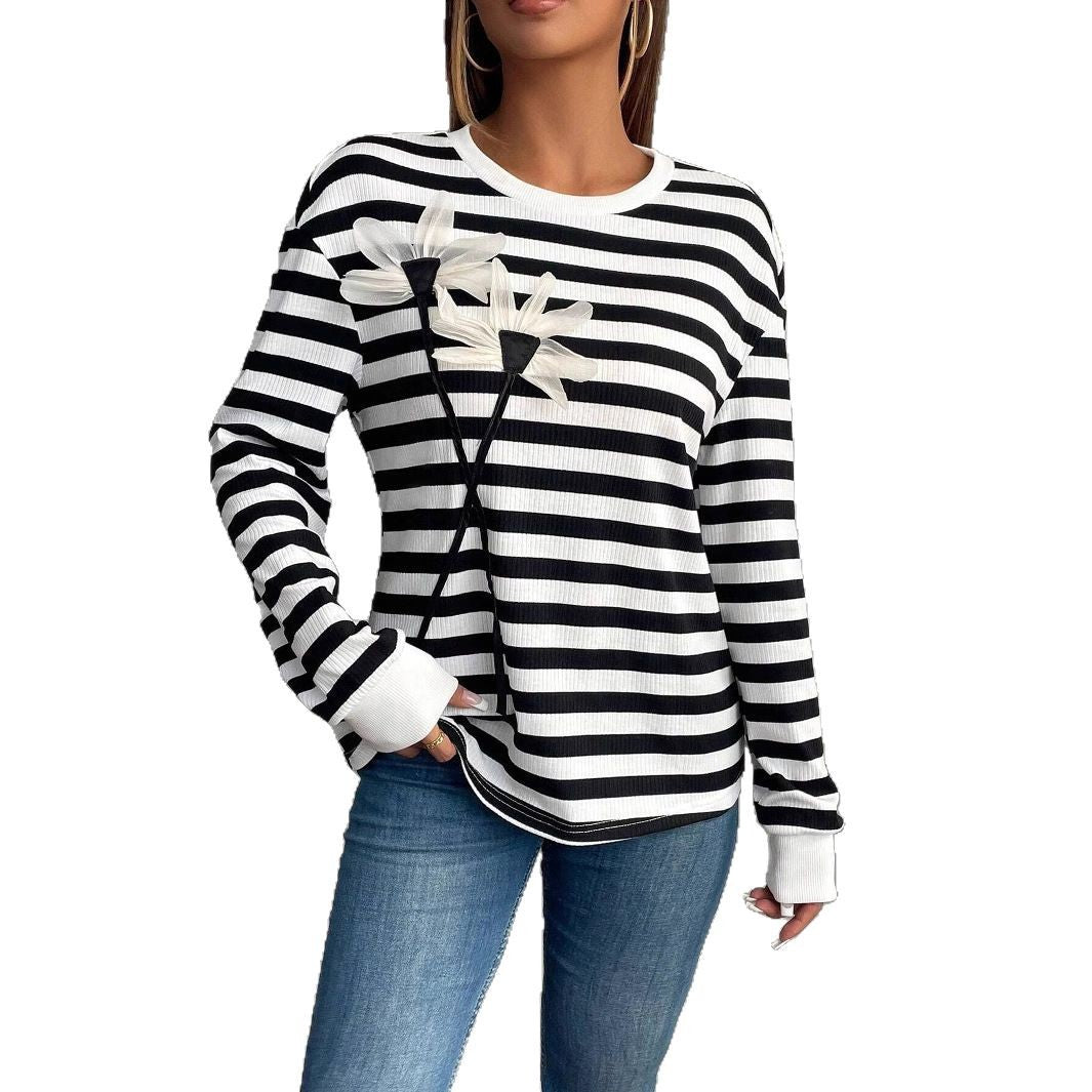 Women's striped rib long-sleeve shirt with three-dimensional flower appliqué and round neck Mune Fashion