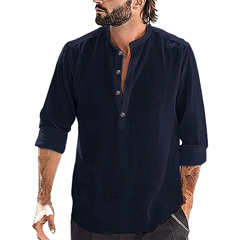 Men's relaxed long sleeve Henley shirt made of breathable linen blend with stand-up collar Mune Fashion