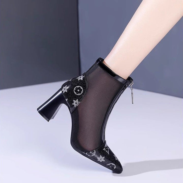 Women Elegant Mesh Ankle Boots with Block Heel Mune Fashion