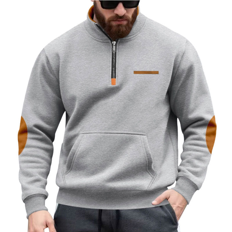 Men's half-zip sweatshirt with stand-up collar, kangaroo pocket, and elbow patches Mune Fashion