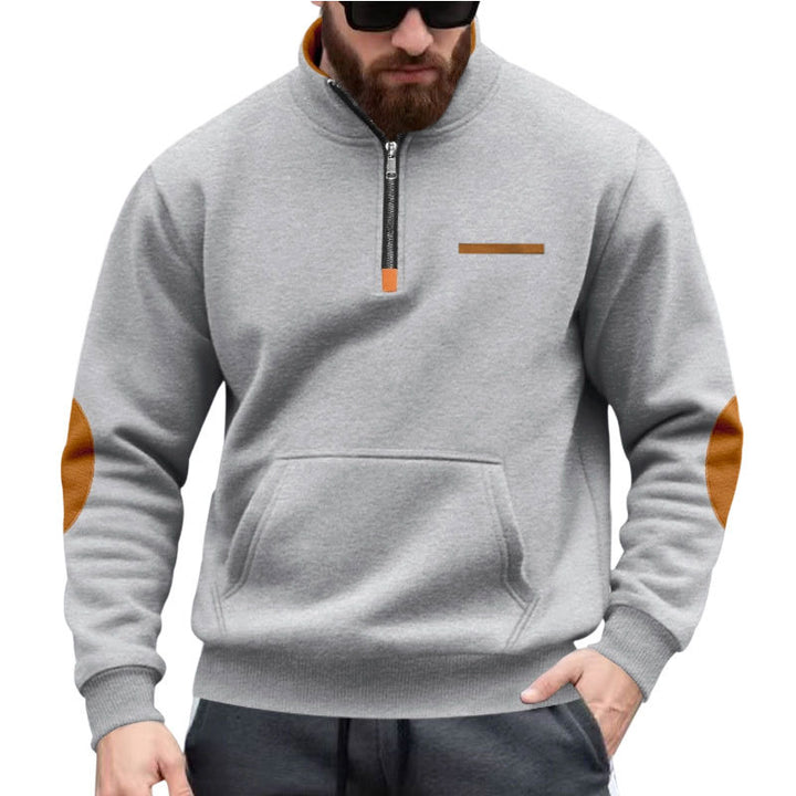 Men's half-zip sweatshirt with stand-up collar, kangaroo pocket, and elbow patches Mune Fashion