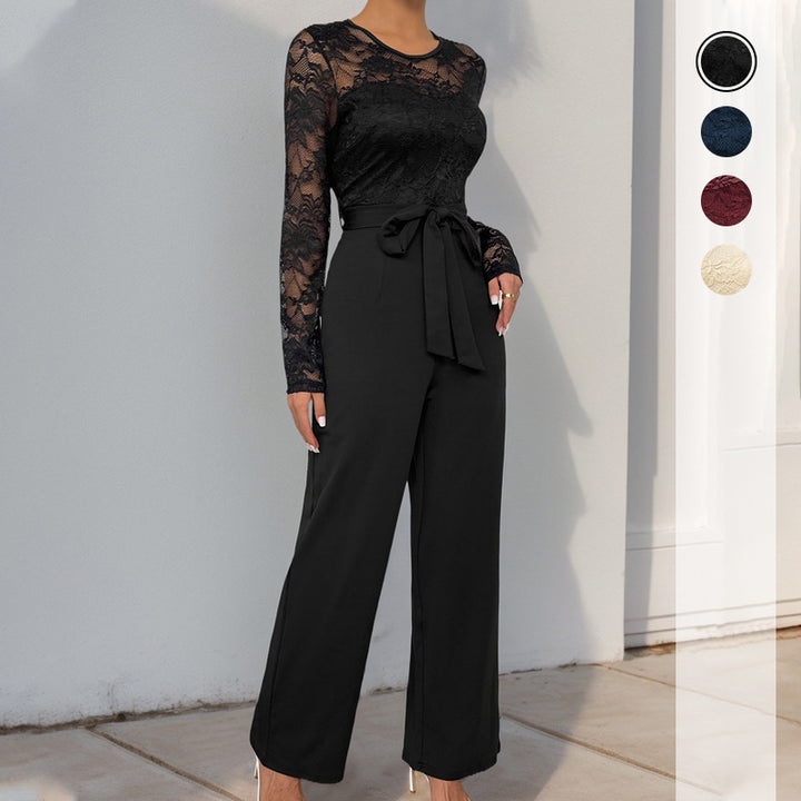 Women's lace jumpsuit with belted waist and wide leg Mune Fashion