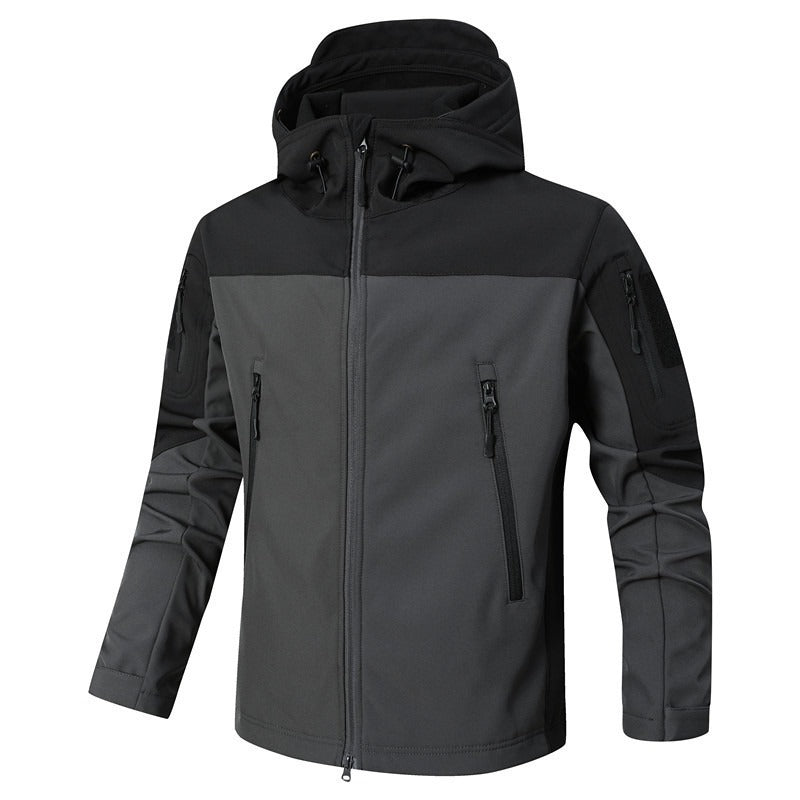 Men's Softshell Outdoor Jacket with Tactical Arm Pocket, Adjustable Hood and Water-Resistant Membrane Mune Fashion