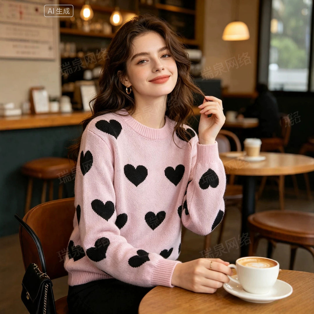 Women Oversize Knit Sweater with Heart Jacquard and Round Neck Mune Fashion