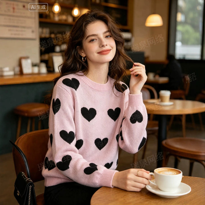 Women Oversize Knit Sweater with Heart Jacquard and Round Neck Mune Fashion