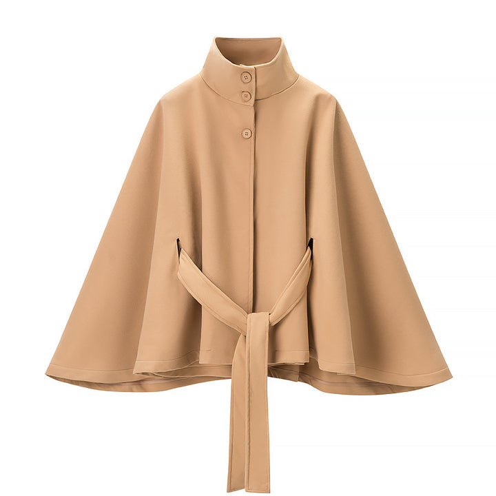 Women's Short Cape Coat with Stand-Up Collar, Concealed Button Placket and Tie Belt Mune Fashion