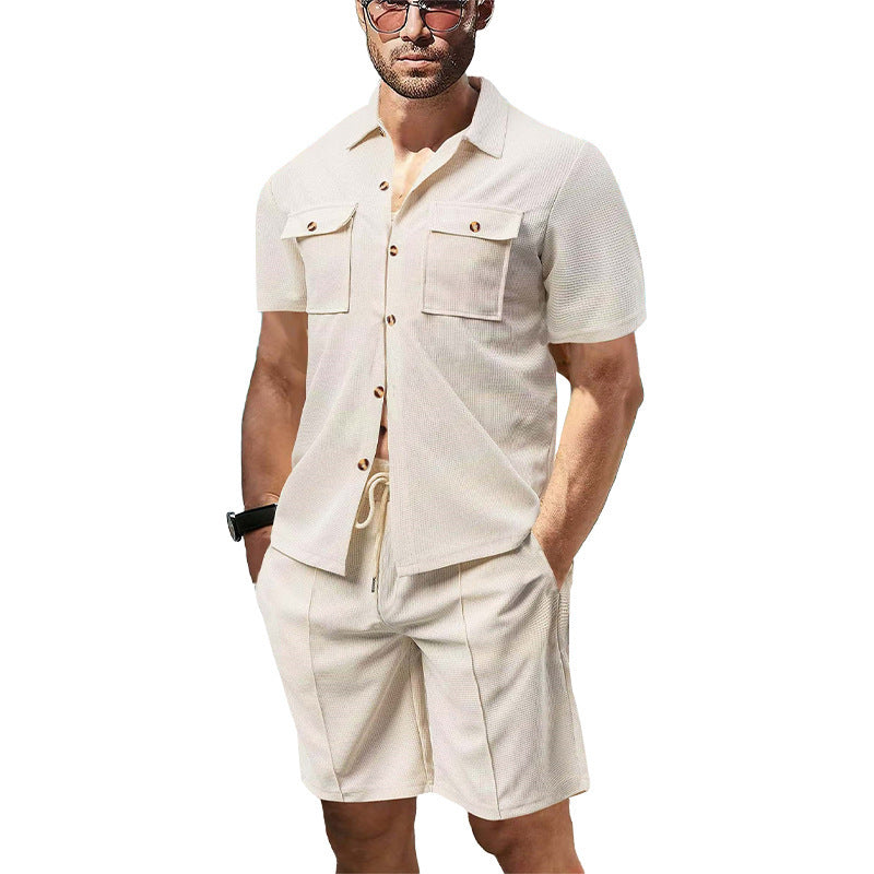Men's structured short-sleeve shirt and bermuda set made of breathable cotton blend with chest pockets and drawstring Mune Fashion