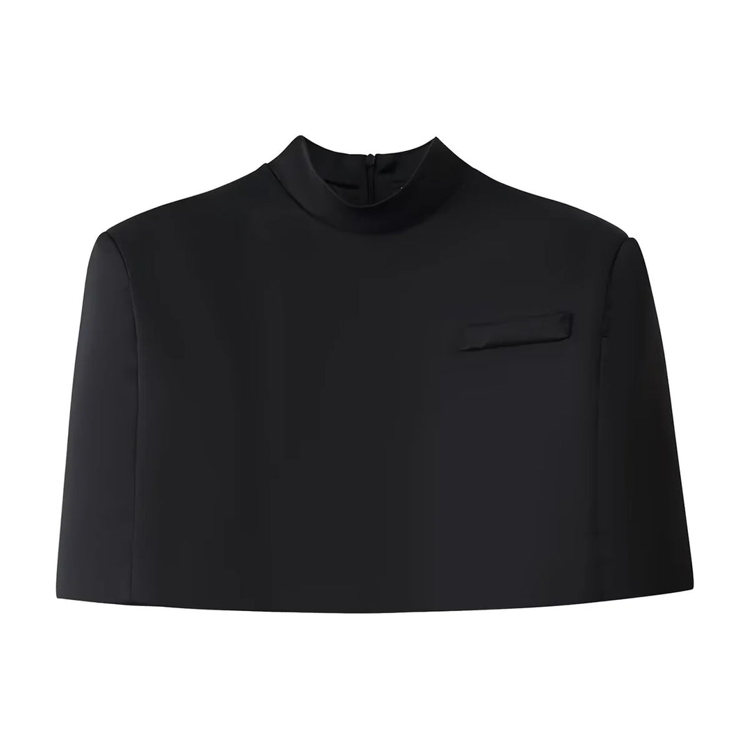 Women nan short Capelet top with stand collar, concealed back zipper and minimalist chest panel Mune Fashion