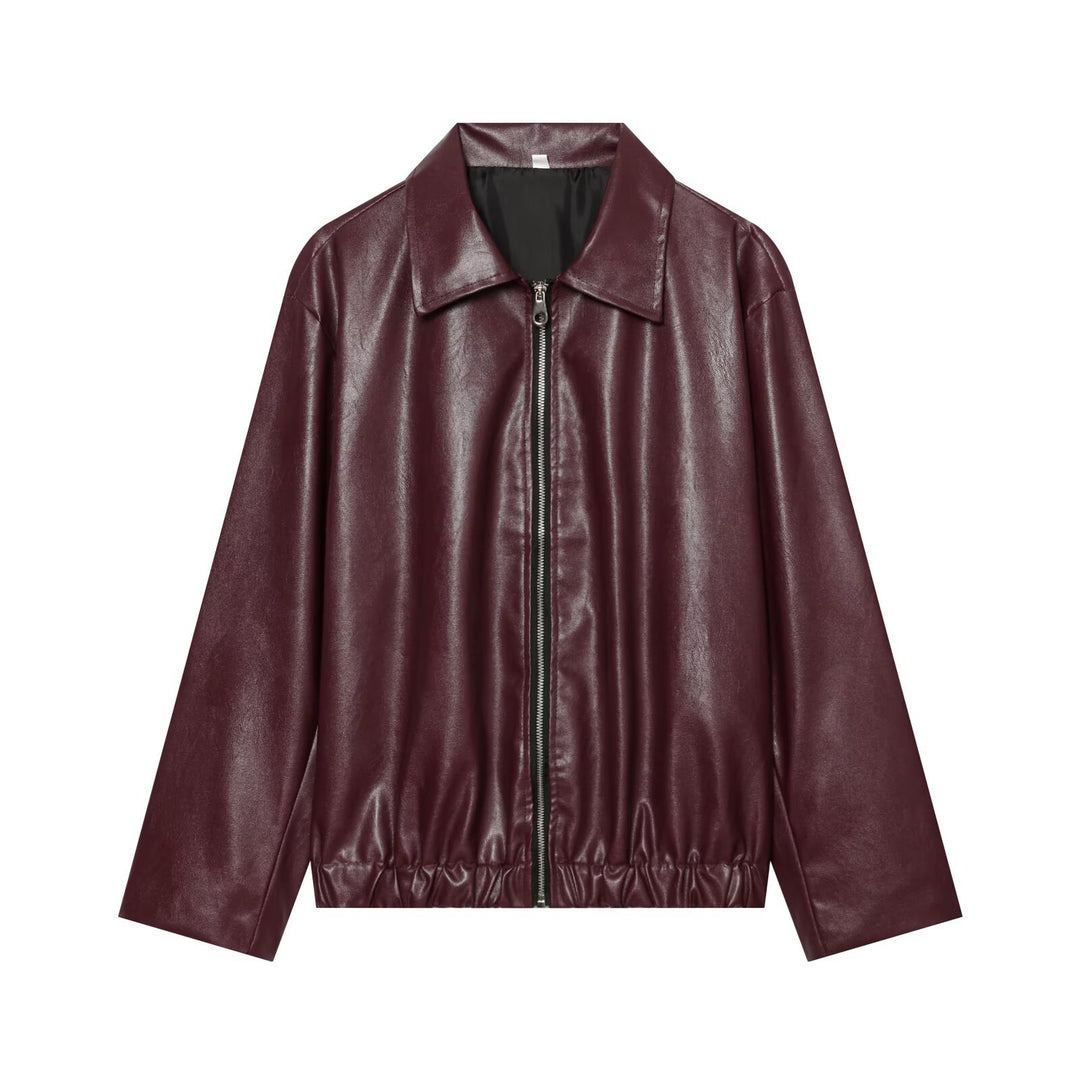 Women's Faux Leather Blouson with Full Zip, Shirt Collar and Gathered Hem
