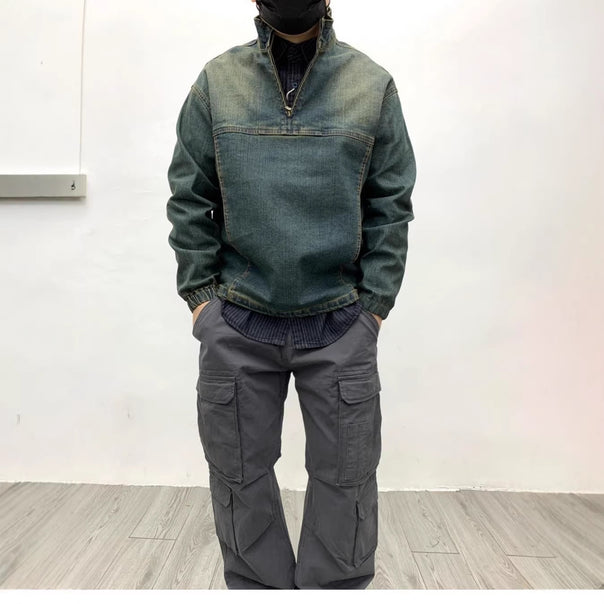Men's Sporty Denim Jacket with High Collar Mune Fashion