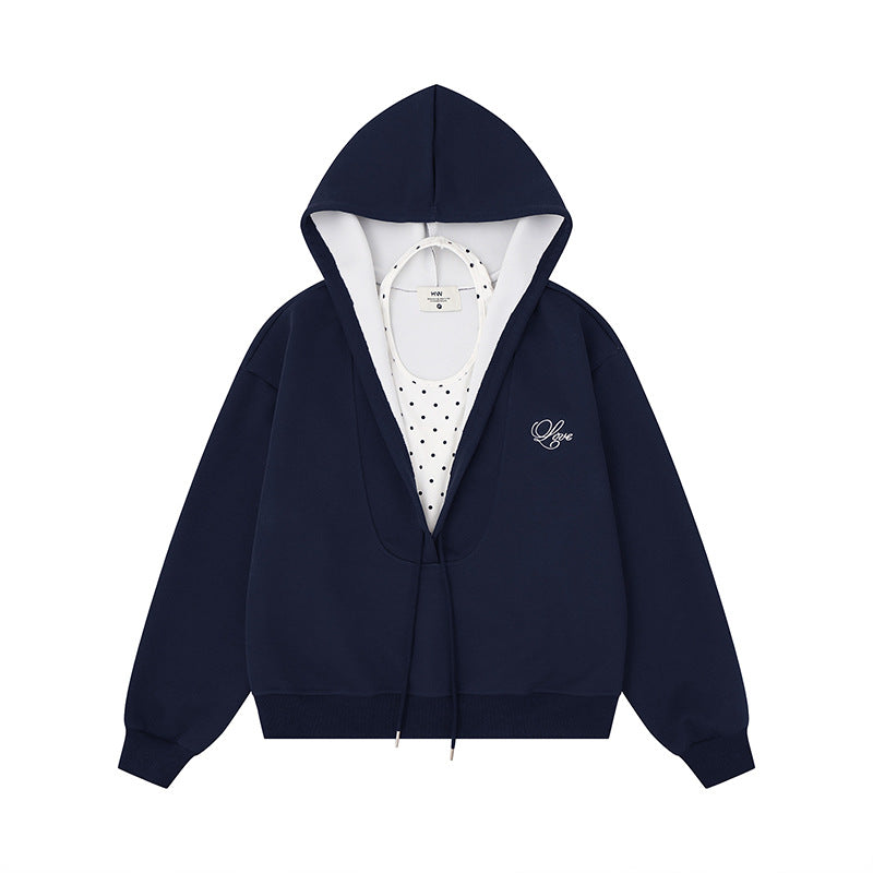 Women's Layered Hooded Jacket with Integrated Polka Dot Inner Layer and Drawstring Hood