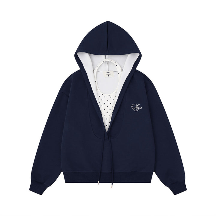Women's Layered Hooded Jacket with Integrated Polka Dot Inner Layer and Drawstring Hood