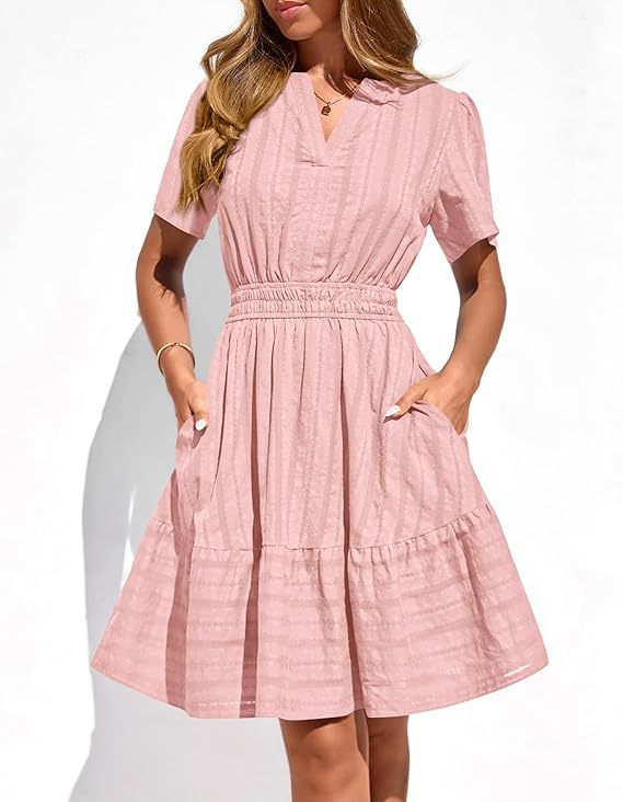 Women's Tailored Tiered Midi Dress with Smocked Waist, V-Neck and Pockets Mune Fashion