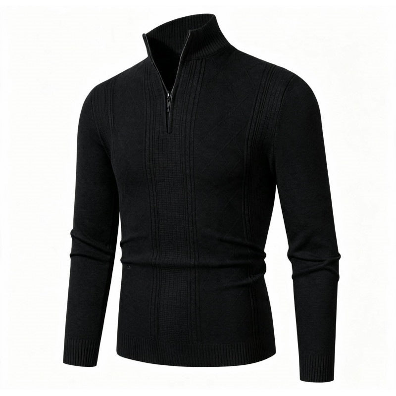 Men's Fine Half-Zip Roll Neck Sweater with Structure Stripes and Body-Hugging Fit Mune Fashion