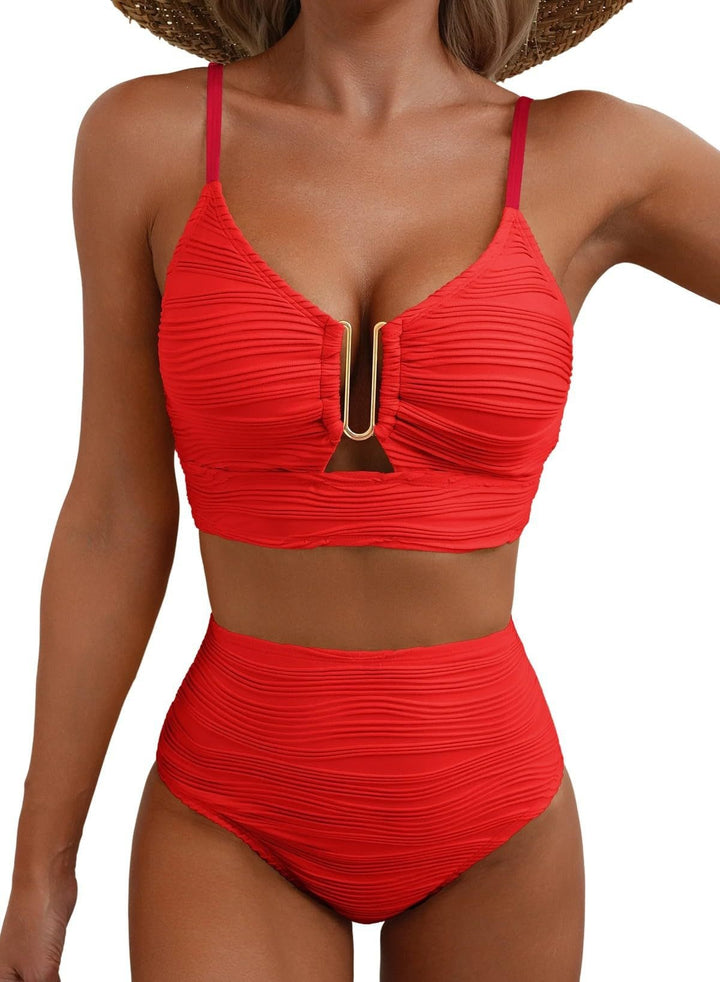 Women's High-Waisted Bikini Set with Fashionable Cut-Out Mune Fashion