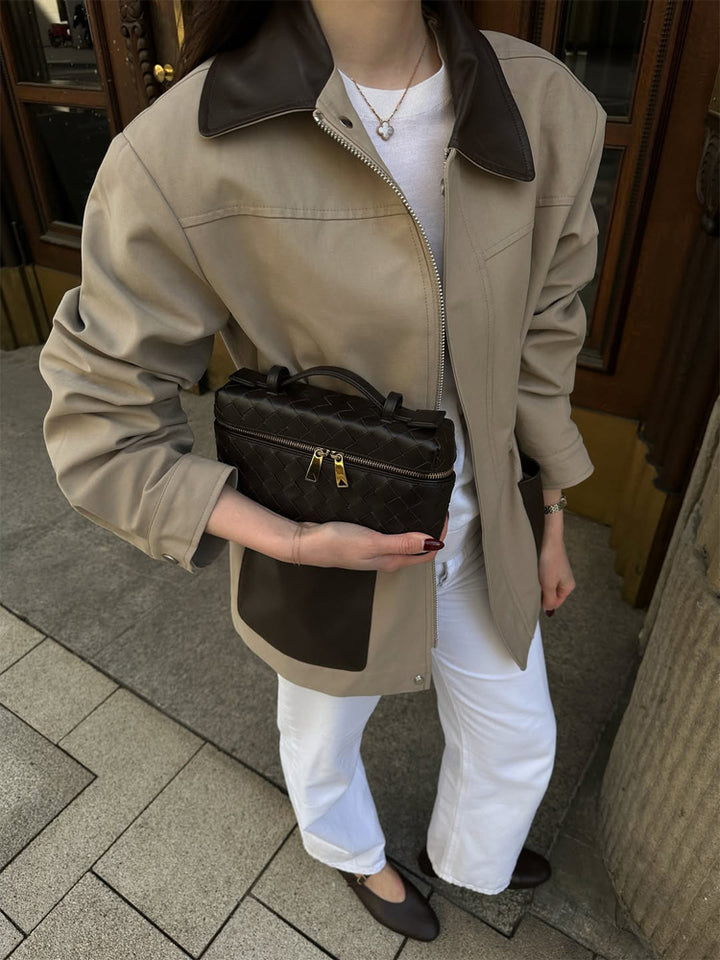 Women Boxy Field Jacket with contrast collar in leather look and appliqued pockets Mune Fashion