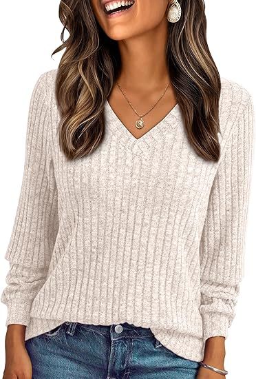 Ladies Soft Ribbed Knit Sweater with V-Neck Mune Fashion