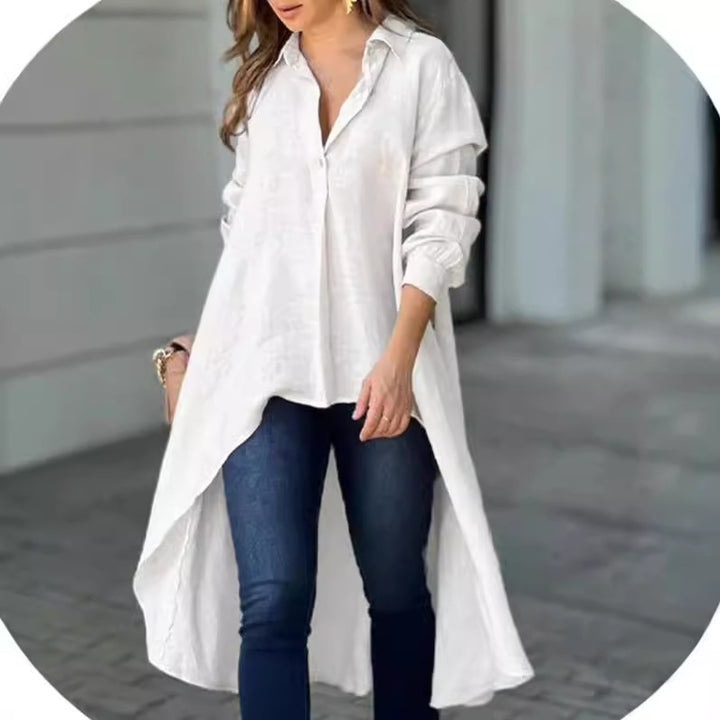 Women Lightweight Linen Tunic Blouse with Asymmetric High-Low Tail and Shirt Collar Mune Fashion