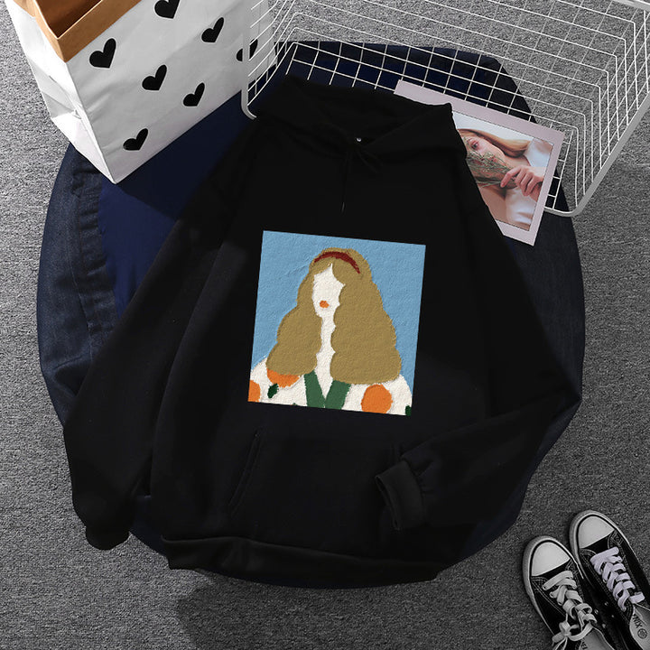 Women's hoodie with artistic chenille embroidery in portrait style and kangaroo pocket Mune Fashion